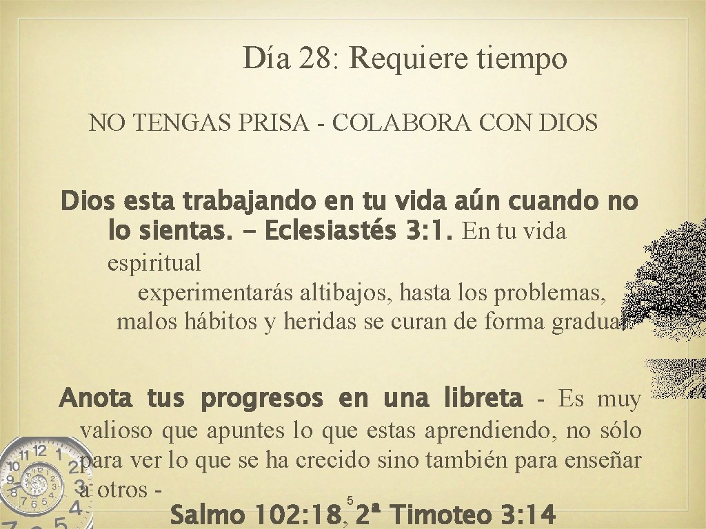 Día 28: Requiere tiempo NO TENGAS PRISA - COLABORA CON DIOS Dios esta trabajando