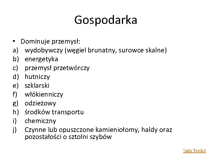 Gospodarka • Dominuje przemysł: a) wydobywczy (węgiel brunatny, surowce skalne) b) energetyka c) przemysł