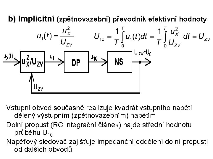 b) Implicitní (zpětnovazební) převodník efektivní hodnoty Vstupní obvod současně realizuje kvadrát vstupního napětí dělený