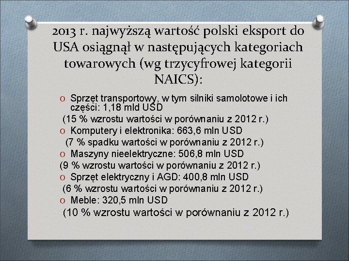 2013 r. najwyższą wartość polski eksport do USA osiągnął w następujących kategoriach towarowych (wg