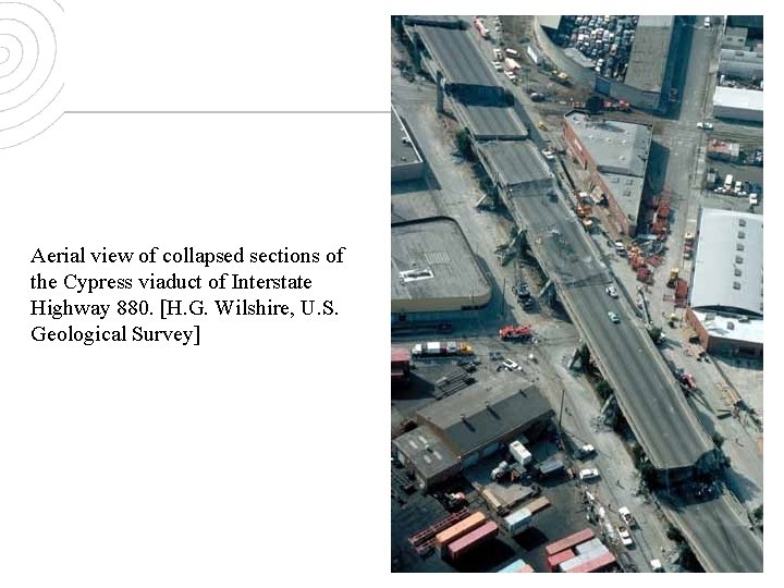 Aerial view of collapsed sections of the Cypress viaduct of Interstate Highway 880. [H.