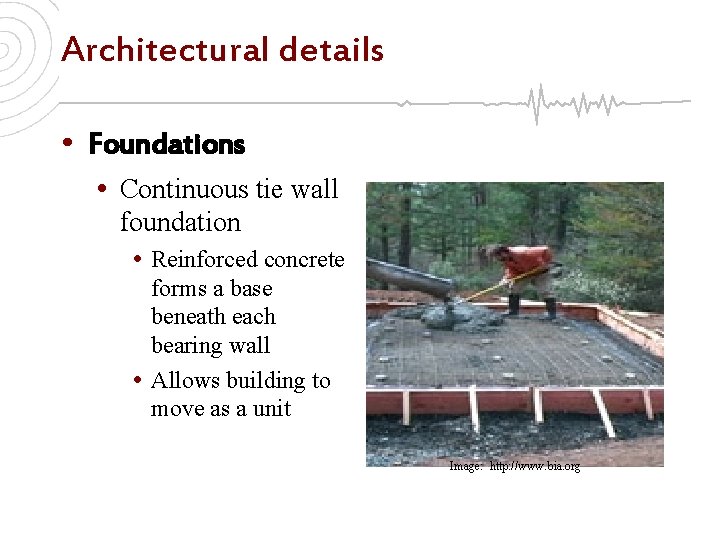 Architectural details • Foundations • Continuous tie wall foundation • Reinforced concrete forms a