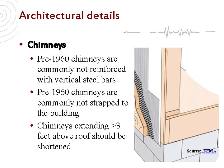 Architectural details • Chimneys • Pre-1960 chimneys are commonly not reinforced with vertical steel