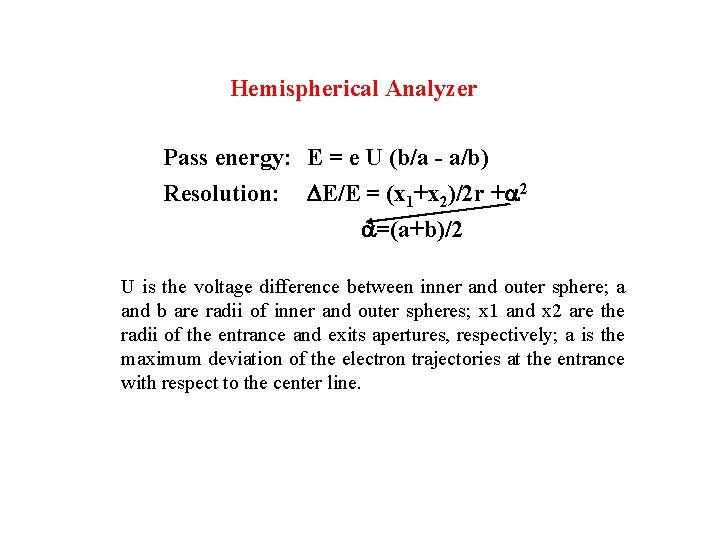 Hemispherical Analyzer Pass energy: E = e U (b/a - a/b) Resolution: DE/E =