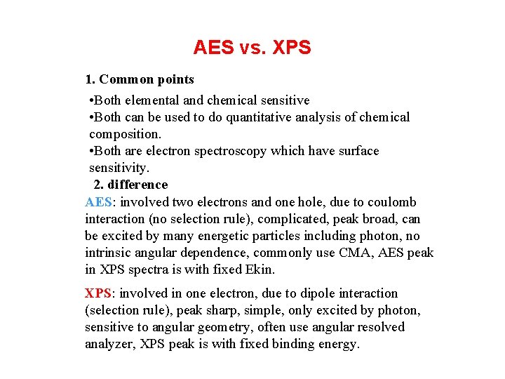 AES vs. XPS 1. Common points • Both elemental and chemical sensitive • Both