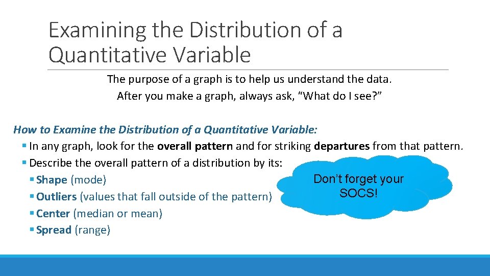 Examining the Distribution of a Quantitative Variable The purpose of a graph is to