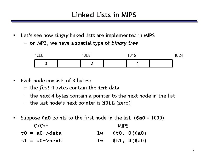 Linked Lists in MIPS § Let’s see how singly linked lists are implemented in Linked Lists in MIPS § Let’s see how singly linked lists are implemented in