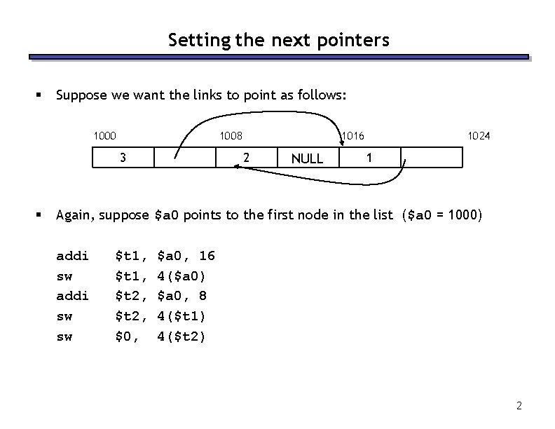 Setting the next pointers § Suppose we want the links to point as follows: Setting the next pointers § Suppose we want the links to point as follows: