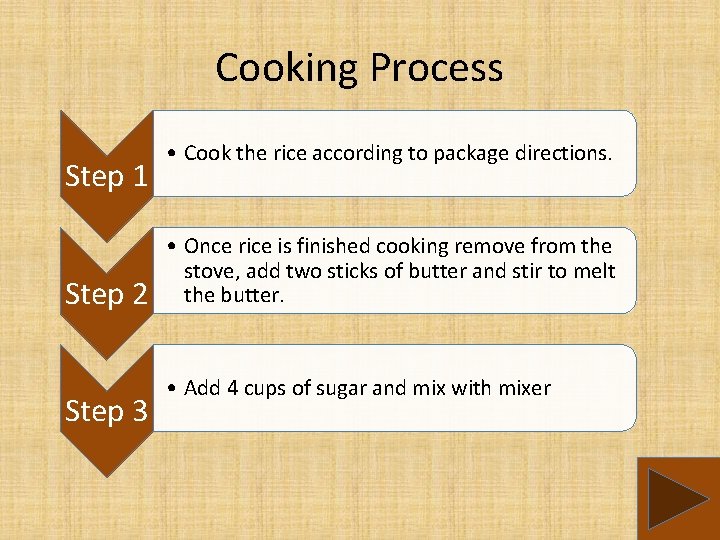 Cooking Process Step 1 Step 2 Step 3 • Cook the rice according to