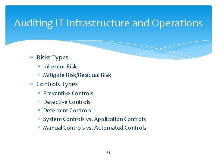 Auditing IT Infrastructure and Operations Risks Types Inherent Risk Mitigate Risk/Residual Risk Controls Types