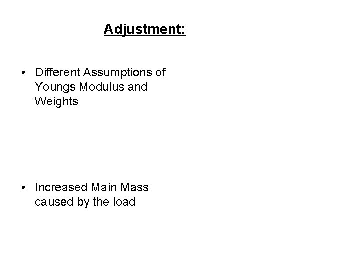 Adjustment: • Different Assumptions of Youngs Modulus and Weights • Increased Main Mass caused