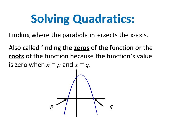 Solving Quadratics: Finding where the parabola intersects the x-axis. Also called finding the zeros