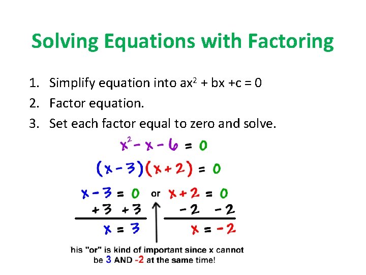Solving Equations with Factoring 1. Simplify equation into ax 2 + bx +c =