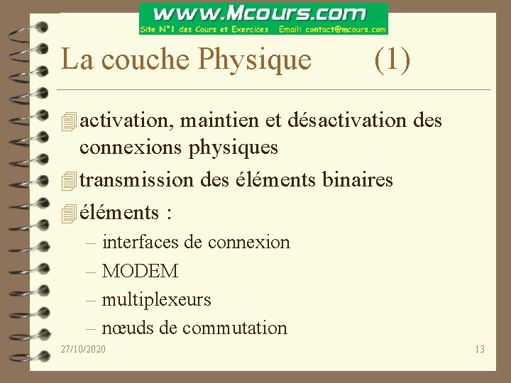 La couche Physique (1) 4 activation, maintien et désactivation des connexions physiques 4 transmission