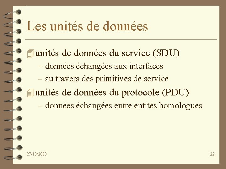 Les unités de données 4 unités de données du service (SDU) – données échangées