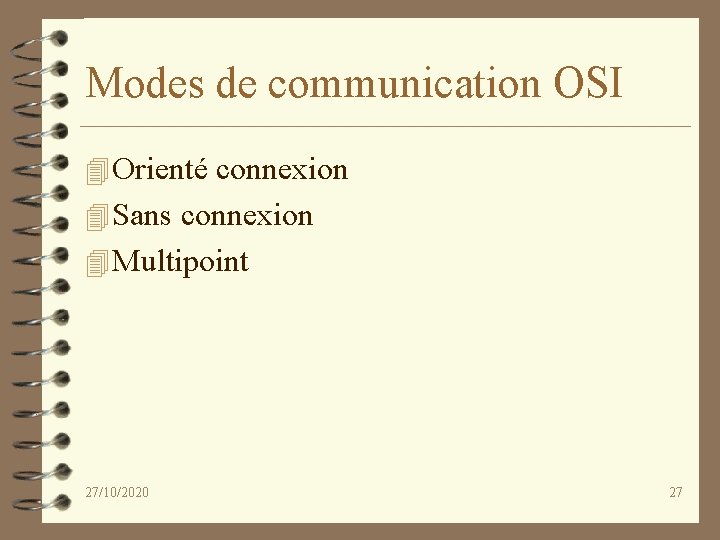 Modes de communication OSI 4 Orienté connexion 4 Sans connexion 4 Multipoint 27/10/2020 27