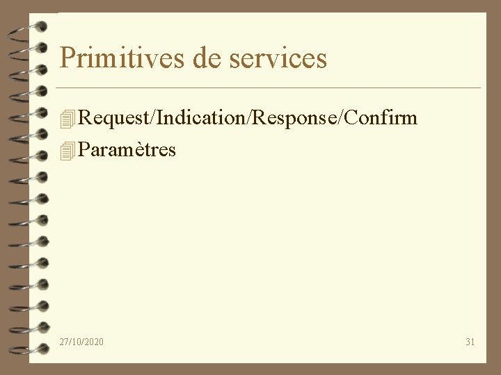Primitives de services 4 Request/Indication/Response/Confirm 4 Paramètres 27/10/2020 31 