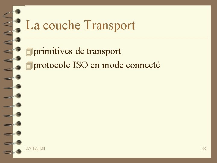 La couche Transport 4 primitives de transport 4 protocole ISO en mode connecté 27/10/2020