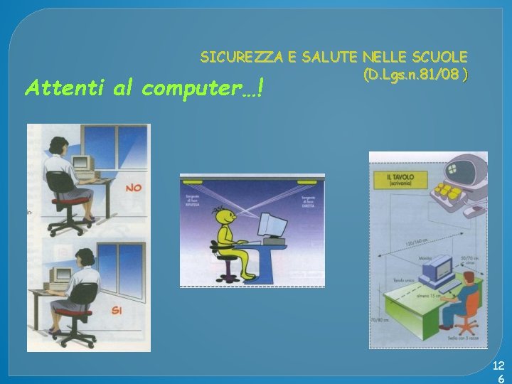 SICUREZZA E SALUTE NELLE SCUOLE (D. Lgs. n. 81/08 ) Attenti al computer…! 12