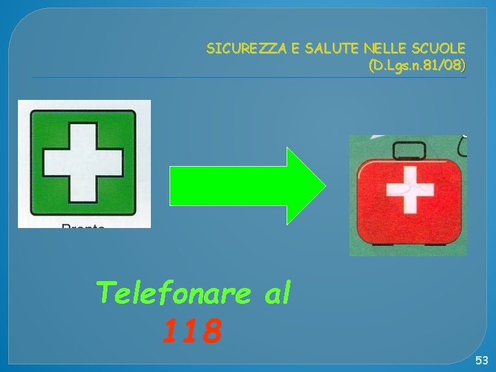 SICUREZZA E SALUTE NELLE SCUOLE (D. Lgs. n. 81/08) Telefonare al 118 53 