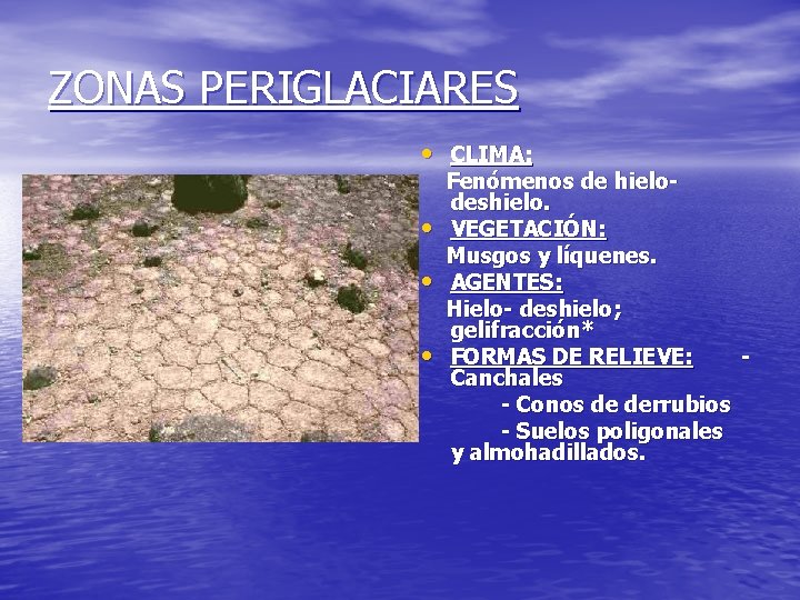 ZONAS PERIGLACIARES • CLIMA: • • • Fenómenos de hielodeshielo. VEGETACIÓN: Musgos y líquenes. ZONAS PERIGLACIARES • CLIMA: • • • Fenómenos de hielodeshielo. VEGETACIÓN: Musgos y líquenes.