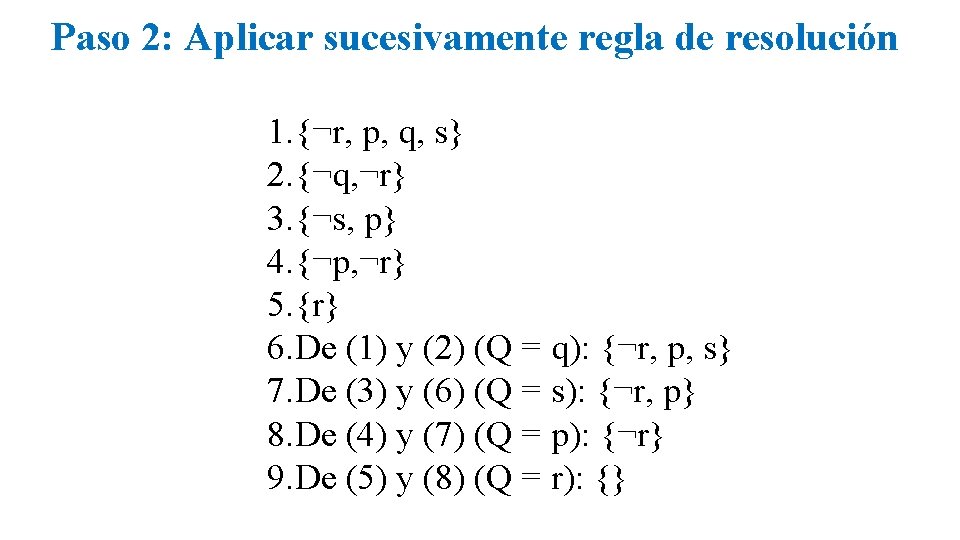 Paso 2: Aplicar sucesivamente regla de resolución 1. {¬r, p, q, s} 2. {¬q, Paso 2: Aplicar sucesivamente regla de resolución 1. {¬r, p, q, s} 2. {¬q,