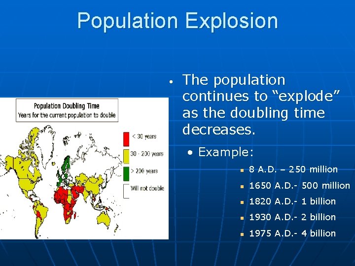 Population Explosion • The population continues to “explode” as the doubling time decreases. •