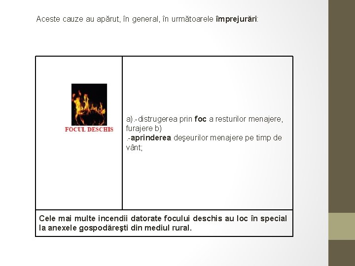 Aceste cauze au apărut, în general, în următoarele împrejurări: a). -distrugerea prin foc a