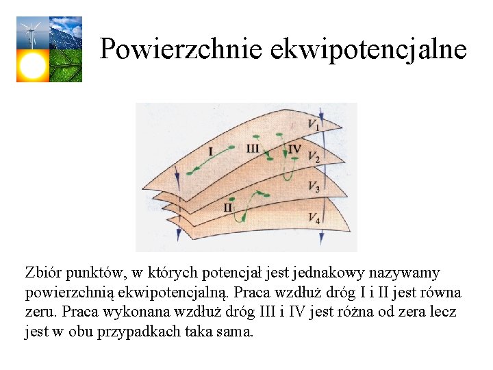 Powierzchnie ekwipotencjalne Zbiór punktów, w których potencjał jest jednakowy nazywamy powierzchnią ekwipotencjalną. Praca wzdłuż