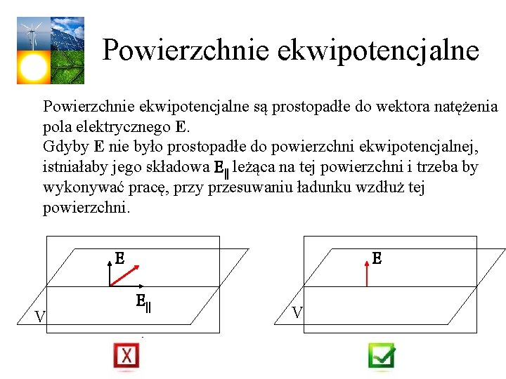 Powierzchnie ekwipotencjalne są prostopadłe do wektora natężenia pola elektrycznego E. Gdyby E nie było