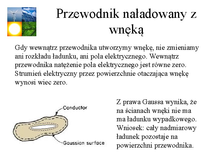 Przewodnik naładowany z wnęką Gdy wewnątrz przewodnika utworzymy wnękę, nie zmieniamy ani rozkładunku, ani