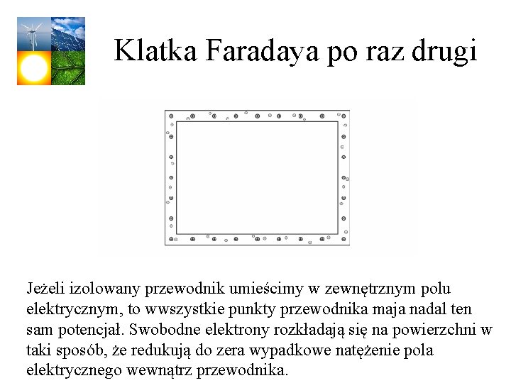 Klatka Faradaya po raz drugi Jeżeli izolowany przewodnik umieścimy w zewnętrznym polu elektrycznym, to