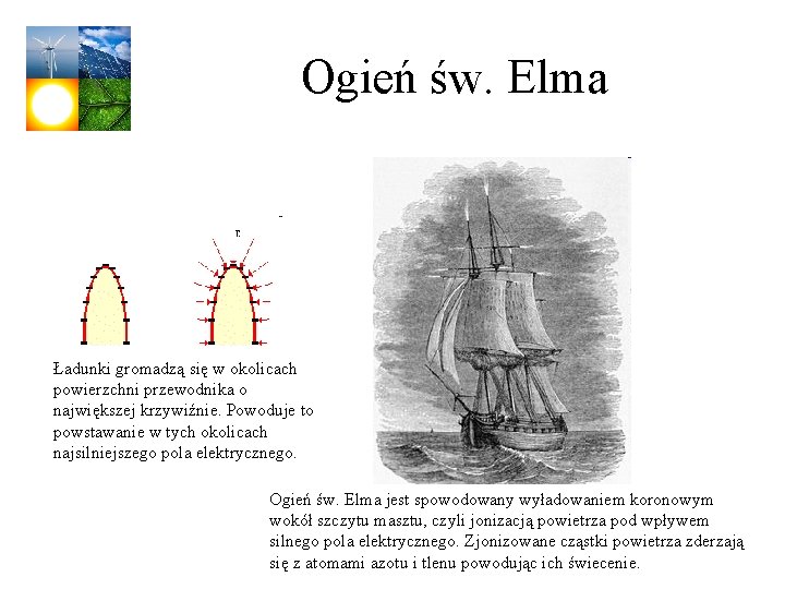 Ogień św. Elma Ładunki gromadzą się w okolicach powierzchni przewodnika o największej krzywiźnie. Powoduje