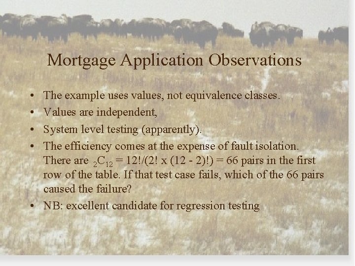 Mortgage Application Observations • • The example uses values, not equivalence classes. Values are