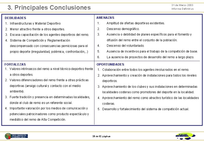 31 de Marzo 2003 Informe Definitivo 3. Principales Conclusiones DEBILIDADES AMENAZAS 1. Infraestructuras y