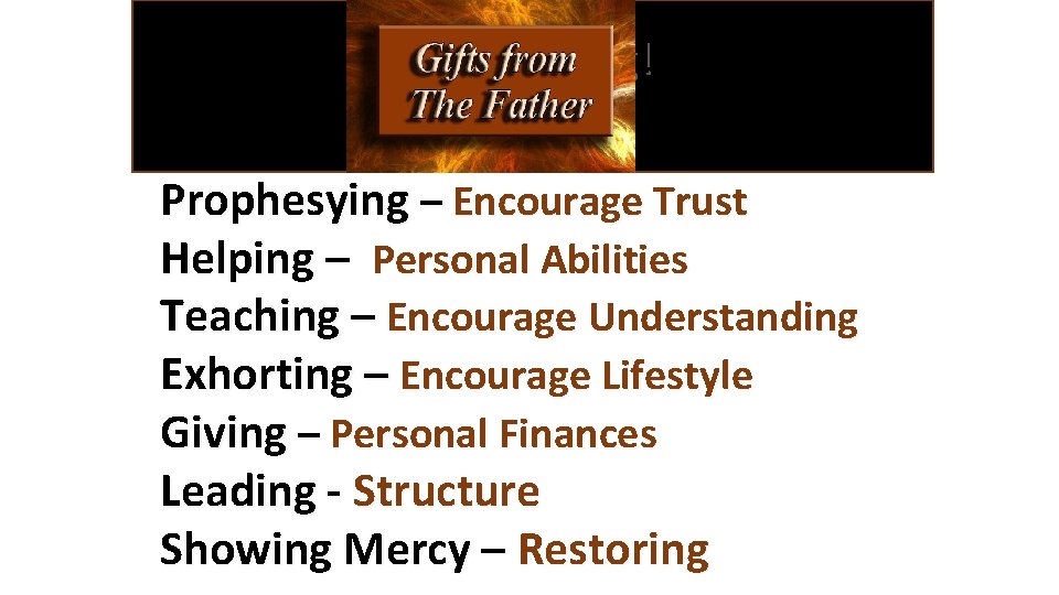 Your Gifting! Prophesying – Encourage Trust Helping – Personal Abilities Teaching – Encourage Understanding
