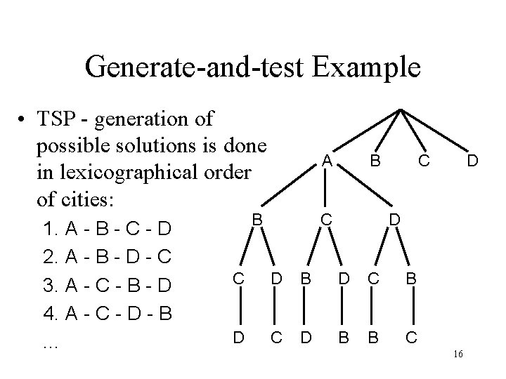 Generate-and-test Example • TSP - generation of possible solutions is done in lexicographical order