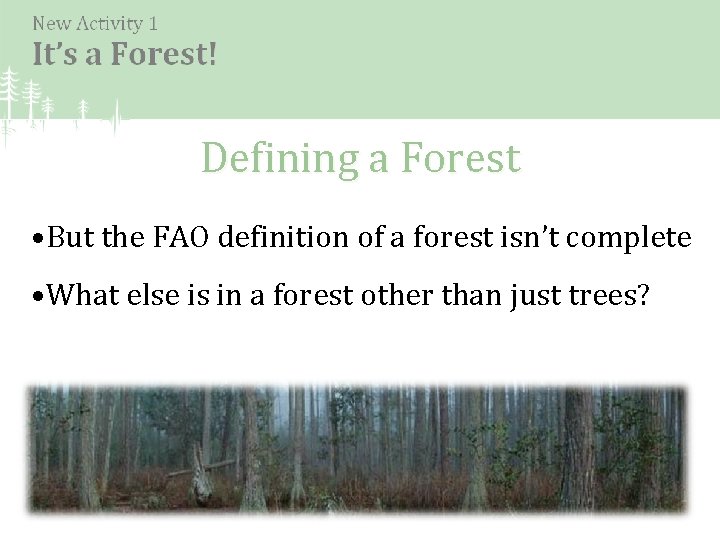 Defining a Forest • But the FAO definition of a forest isn’t complete •