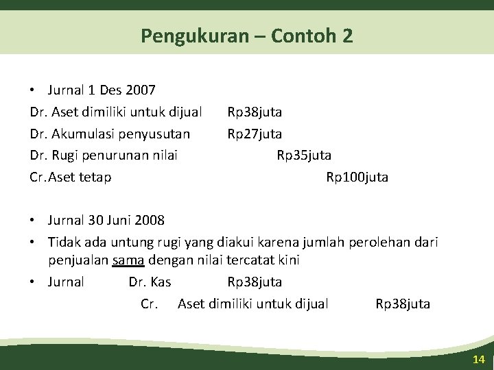 Pengukuran – Contoh 2 • Jurnal 1 Des 2007 Dr. Aset dimiliki untuk dijual Pengukuran – Contoh 2 • Jurnal 1 Des 2007 Dr. Aset dimiliki untuk dijual