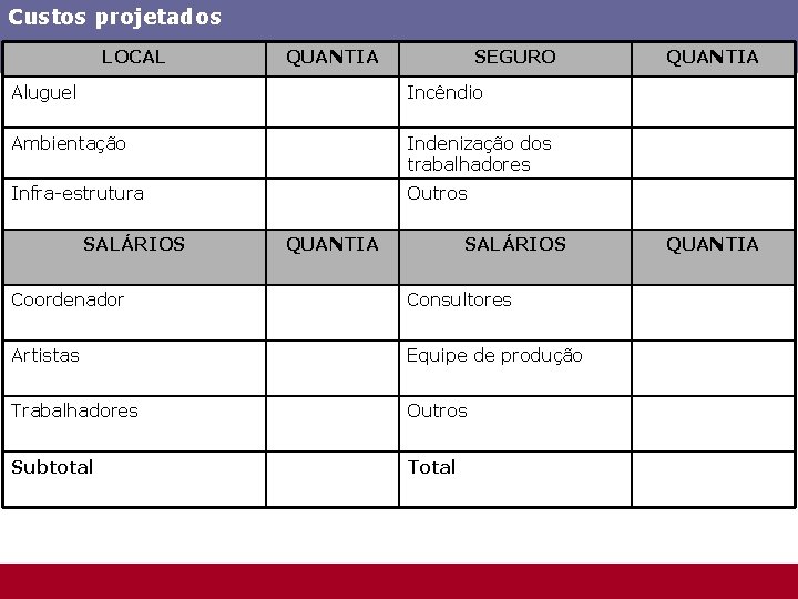 Custos projetados LOCAL QUANTIA SEGURO Aluguel Incêndio Ambientação Indenização dos trabalhadores Infra-estrutura Outros SALÁRIOS