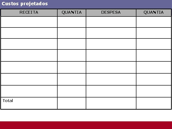 Custos projetados RECEITA Total QUANTIA DESPESA QUANTIA 