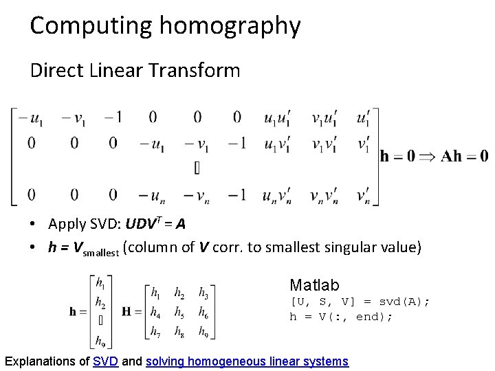 Computing homography Direct Linear Transform • Apply SVD: UDVT = A • h = Computing homography Direct Linear Transform • Apply SVD: UDVT = A • h =