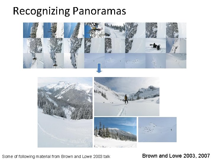 Recognizing Panoramas Some of following material from Brown and Lowe 2003 talk Brown and Recognizing Panoramas Some of following material from Brown and Lowe 2003 talk Brown and