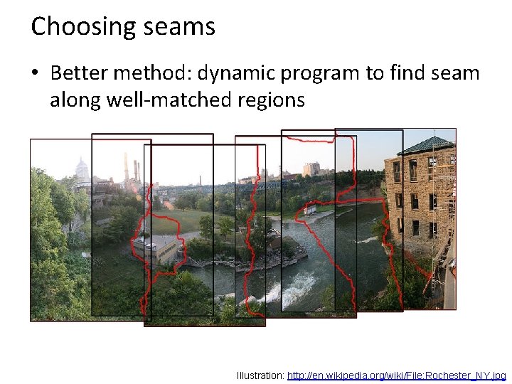 Choosing seams • Better method: dynamic program to find seam along well-matched regions Illustration: Choosing seams • Better method: dynamic program to find seam along well-matched regions Illustration: