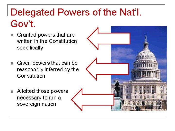 Delegated Powers of the Nat’l. Gov’t. n Granted powers that are written in the