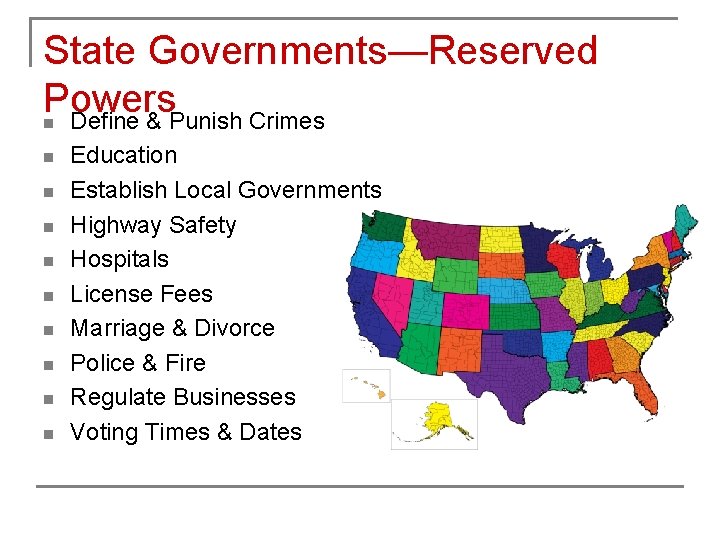 State Governments—Reserved Powers n Define & Punish Crimes n n n n n Education