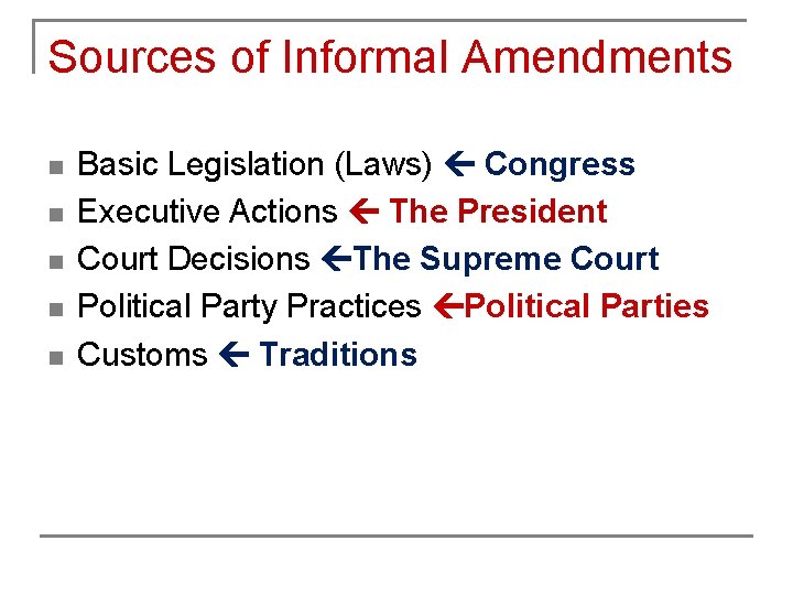 Sources of Informal Amendments n n n Basic Legislation (Laws) Congress Executive Actions The
