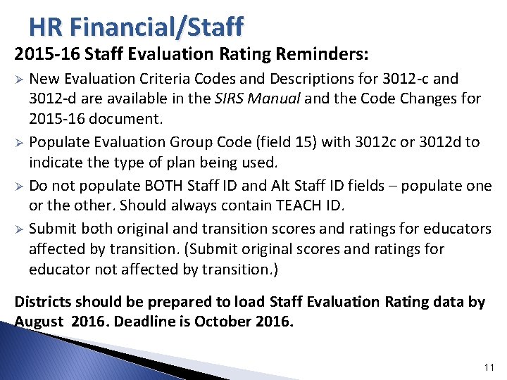 HR Financial/Staff 2015 -16 Staff Evaluation Rating Reminders: New Evaluation Criteria Codes and Descriptions