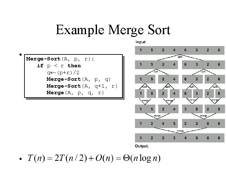 Example Merge Sort • Merge-Sort(A, p, r): if p < r then q¬(p+r)/2 Merge-Sort(A,