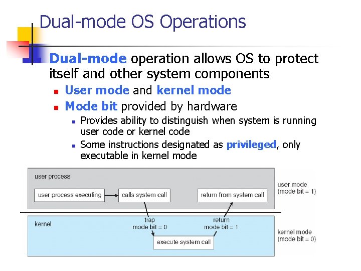Dual-mode OS Operations n Dual-mode operation allows OS to protect itself and other system